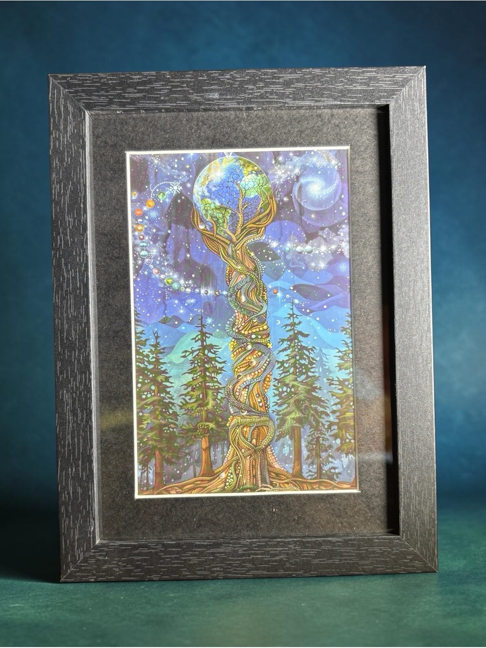 Cosmic Tree of Life Framed Art 5x7 Celestial Earth Moon Spiritual Decor